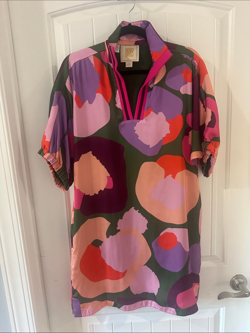 Emily McCarthy Olive dress with Pink, Purple & Coral Abstract Print- worn once!